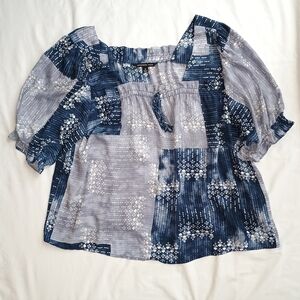 Zac & Rachel Woman Peasant Blouse Women's Plus 1X Patchwork Short Sleeve Blue